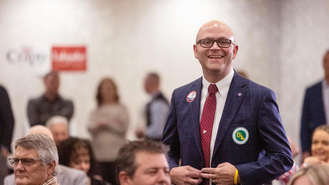 Phil McGrane, candidate for Secretary of State of Idaho, is called to the podium to give his acceptance speech at a watch party for republican candidates held at the Grove Hotel in Boise on Nov. 8, 2022.