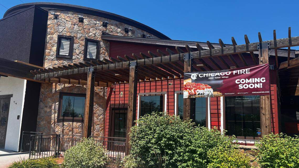 A banner outside the former Barrel 55 building indicates that Chicago Fire is “coming soon.”