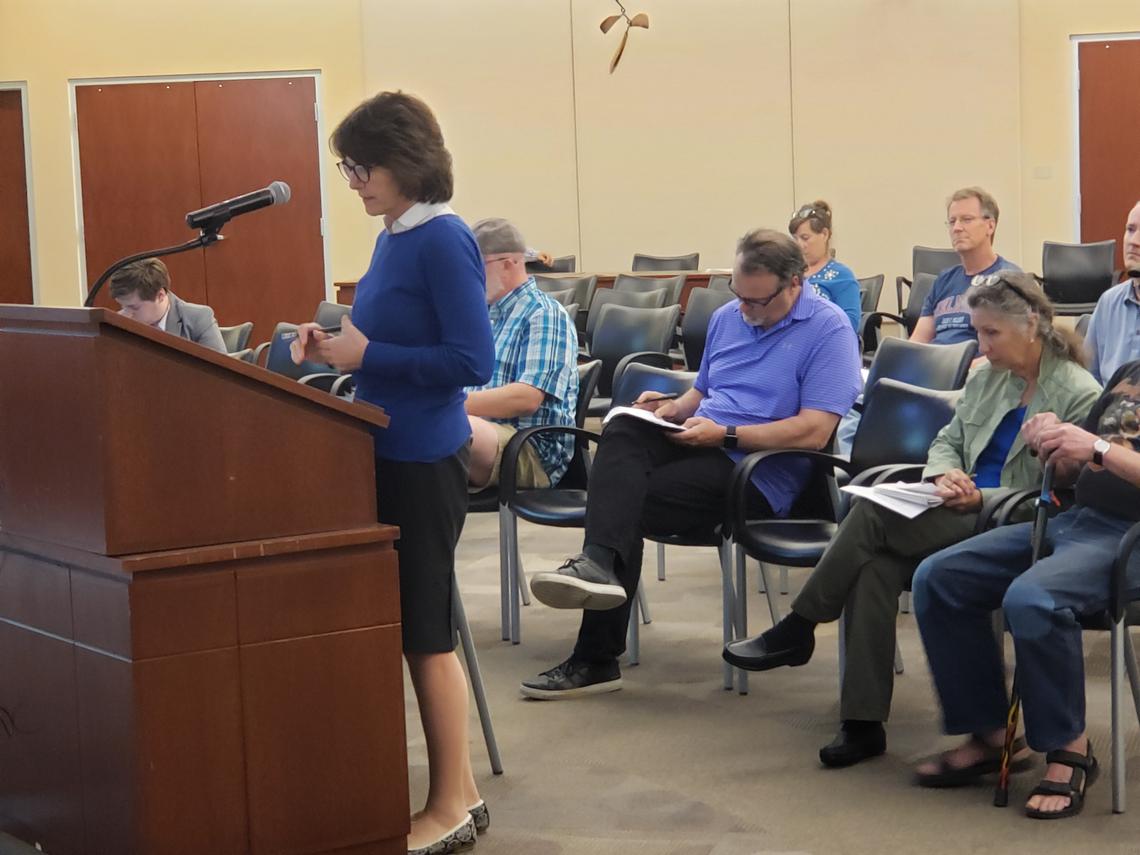 Boise attorney JoAnn Butler addresses the Boise Planning and Zoning Commission on Monday, seeking approval of developer Creed Herbold’s request for a zone change that would allow him to replace the Travis Apartments at 17th and Bannock streets with a five-story condominium and office building.