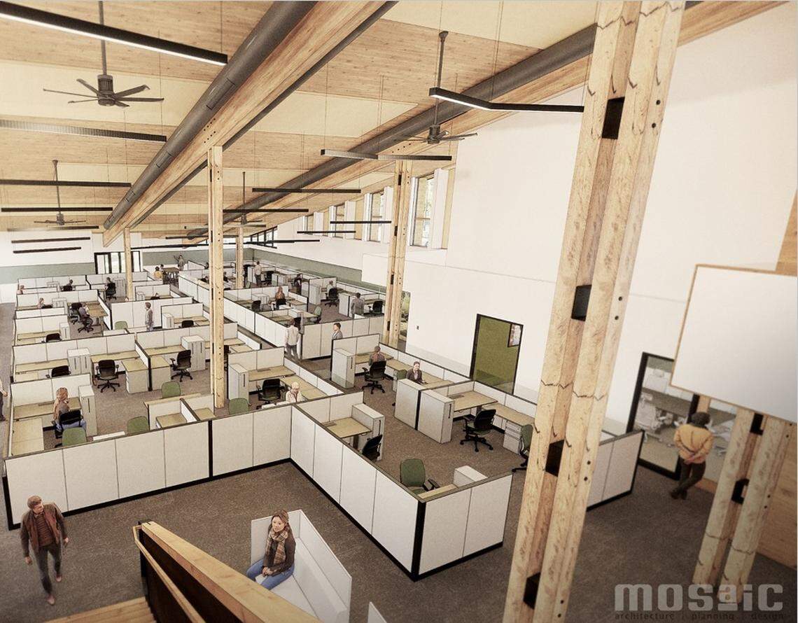 An artist’s rendering of the interior of the Nez Perce-Clearwater National Forest Supervisor’s Office and headquarters in Kamiah. “Timber products are prominently featured in the 15,000square-foot building’s structural, interior and exterior design, with cross-laminated timber roofing and raw timber support beams artfully placed throughout the office and meeting space,” the Forest Service said in a news release. “The overall building cost is significantly lower than other conventionally built federal buildings due to the use of these new technologies and products.”