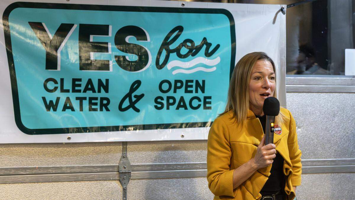 Boise Mayor Lauren McLean speaks about the Clean Water and Open Space Levy after it passes on election night, Tuesday, Nov. 4, 2025 at an election night watch party held at Clairvoyant Brewing Company.