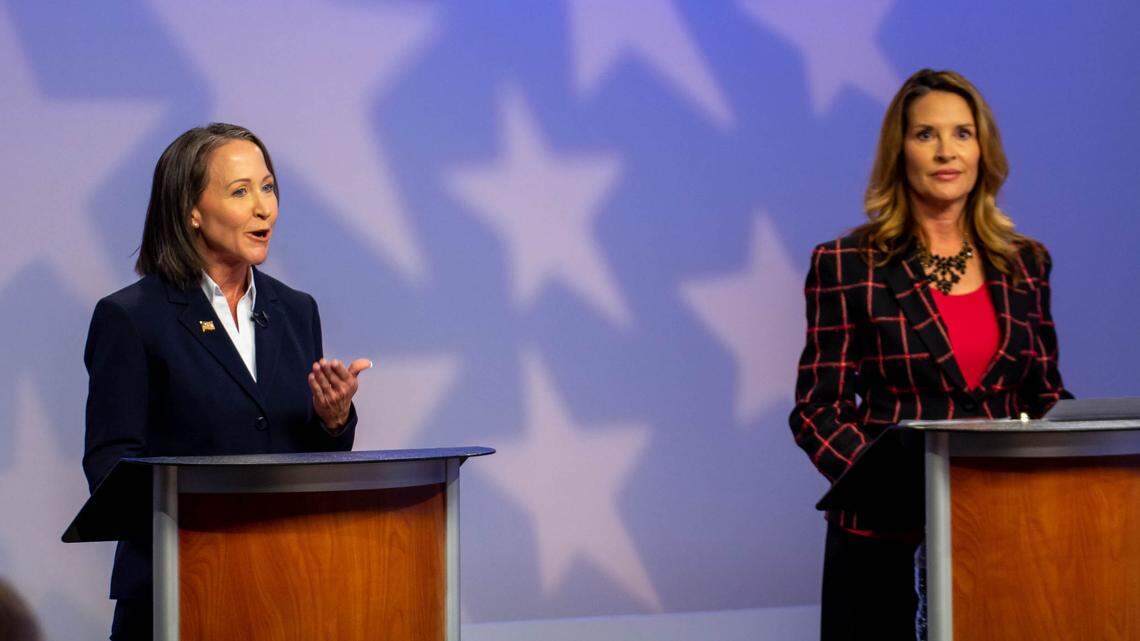 Lieutenant governor candidates Democrat Kristin Collum, left, and Republican Janice McGeachin at an Oct. 17 Idaho Public Television debate.
