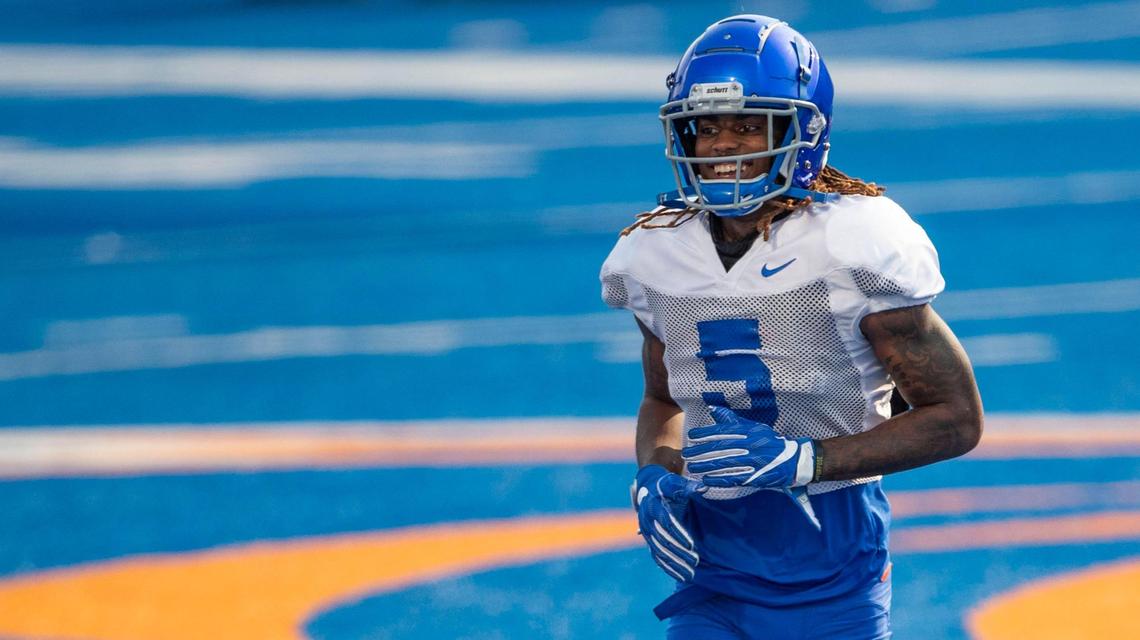 Boise State wide reciever Stefan Cobbs joins the Broncos on The Blue at Albertsons Stadium during fall camp Sunday, Aug. 8, 2021.
