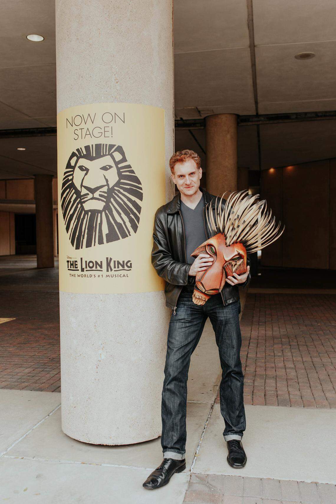 Actor Mark Campbell with his Scar mask at the Wezel Performing Arts Center in Birmingham, Alabama.