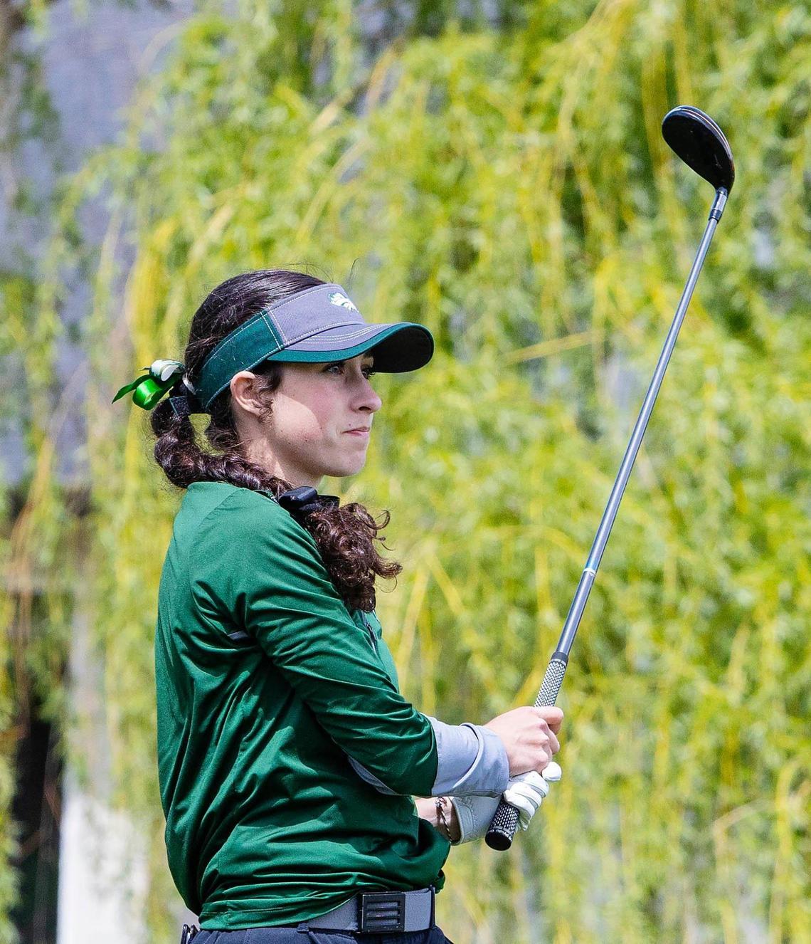 Eagle’s Brooke Patterson tracks her ball during the 5A District Three girls golf tournament Tuesday at BanBury Golf Course in Eagle.