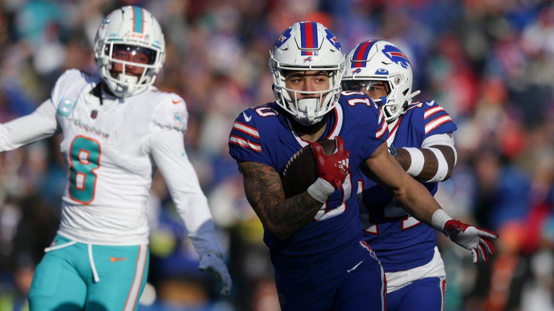Former Boise State wide receiver Khalil Shakir runs after a catch in the first half of Buffalo’s win over Miami in the NFL’s wildcard playoff round.
