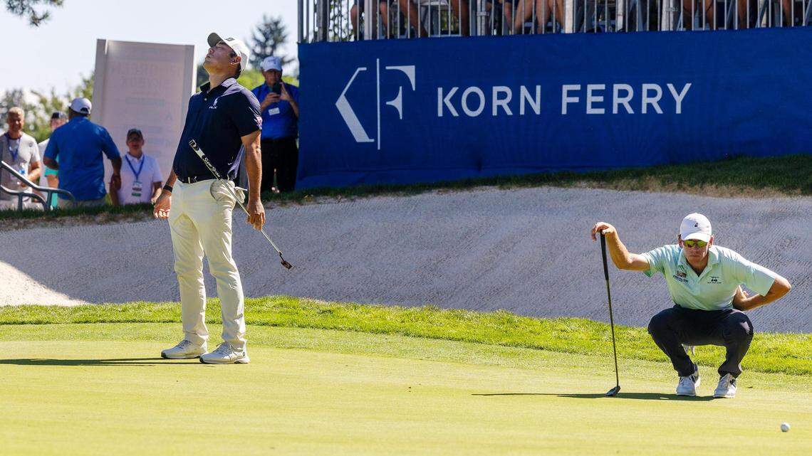 Golfer Chan Kim reacts to missing a putt on No. 17 during the Albertsons Boise Open in 2023. Kim won the tournament with a score of 28 under par.