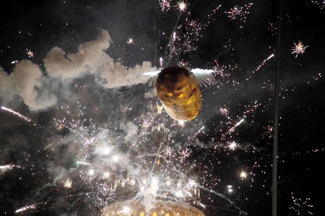 Fireworks light up the sky as the potato is lowered to celebrate the arrival of 2022 at the Idaho Potato Drop in downtown Boise on Friday, Dec. 31, 2021. After going virtual in 2020, the New Year’s Eve event returned as an in-person celebration in front of the Idaho State Capitol.