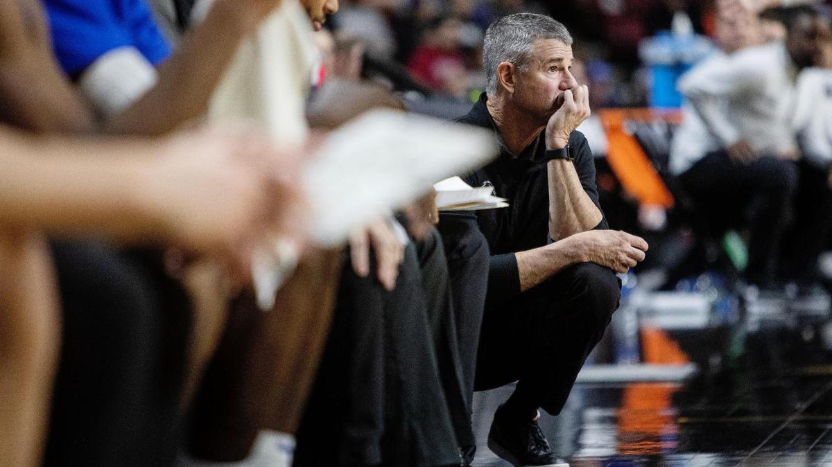 Boise State men’s basketball coach Leon Rice watches a referee’s call in the second half of the Capital City Classic against Washington State on Nov. 12 at Idaho Central Arena in Boise.
