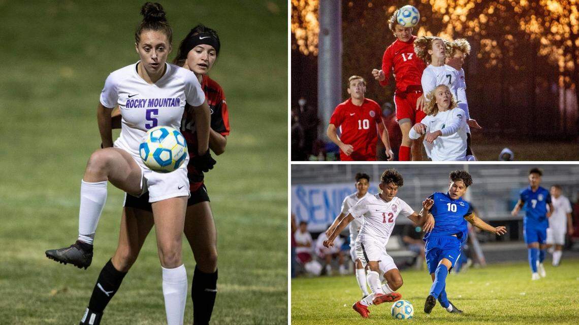 Clockwise from top left, Rocky Mountain’s Kelsey Oyler, Boise’s Nick Liebich and Caldwell’s Damian Arguello were voted the state players of the year for their classifications by the state’s coaches.
