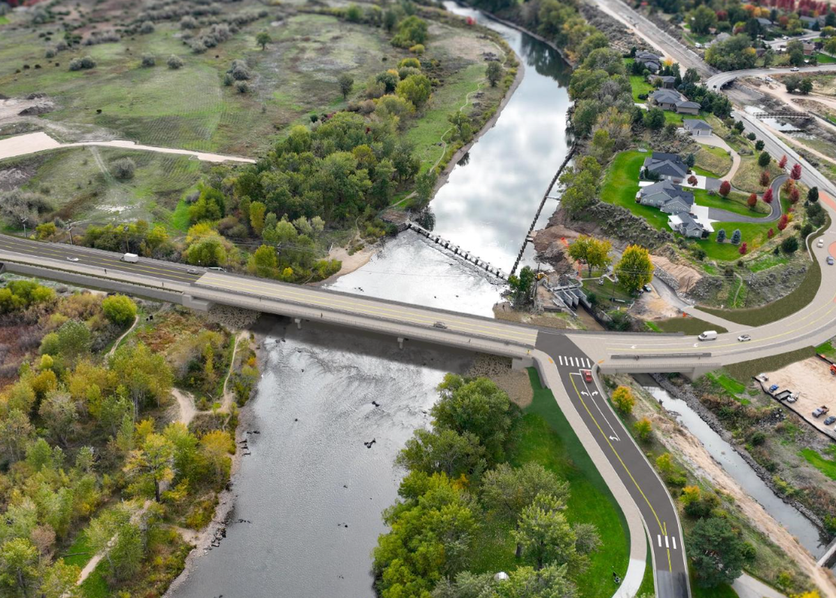 ACHD plans to replace its bridge on South Eckert Road in 2026. This preliminary rendering shows a realigned, two-pier concrete span over the Boise River.