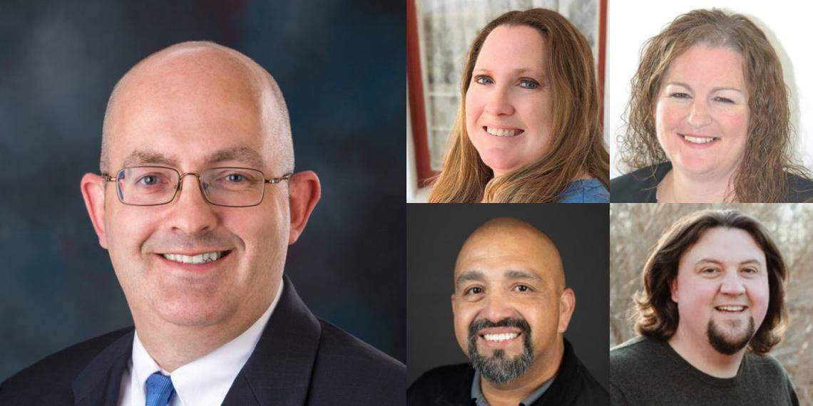 Six candidates are running for three Caldwell School Board seats. From left are Travis Manning, Nicole Trakel, Nicole Hyland, Manuel Godina (bottom center) and Andrew Butler (bottom right). Ray Horrell, not pictured, is also on the ballot.
