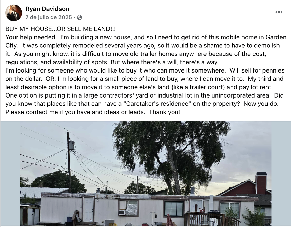 Ryan Davidson posted on Facebook in July 2025 about his real estate moves.