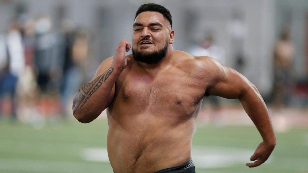 The Cleveland Browns selected Idaho native Tommy Togiai, seen here running the 40-yard dash during a Pro Day at Ohio State, in the fourth round of the NFL Draft on Saturday.