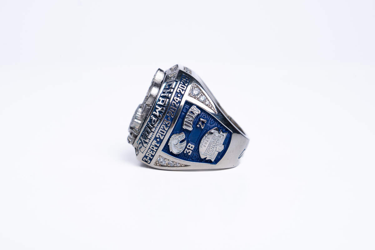 The left side of the ring features the final score of the 2025 Mountain West championship game, which is embossed on a blue field.