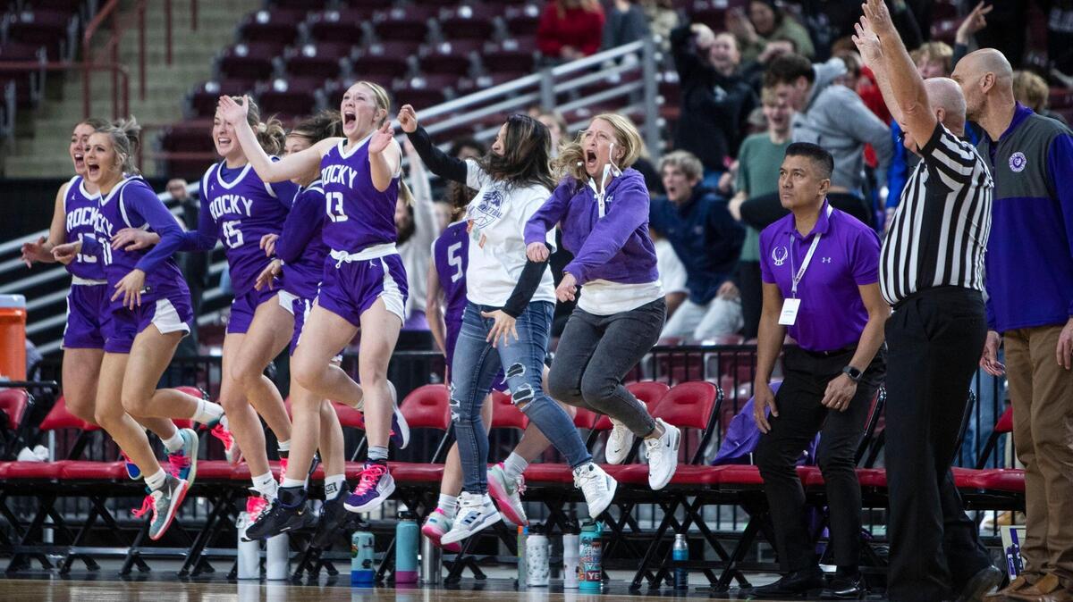 Rocky Mountain’s bench explodes after a 3-pointer by Zoe Archibald that forced overtime in the 5A state semifinals Friday at the Ford Idaho Center. The Grizzlies then edged Timberline 55-52 for a spot in the 5A state championship.