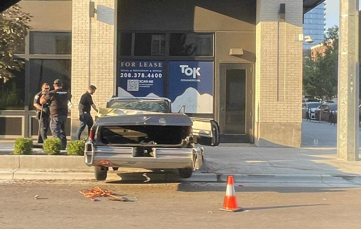 Boise Police closed two lanes on Front Street near the I-84 Connector Monday, June 22, 2026 after a vehicle crashed into a building off of 12th Street.