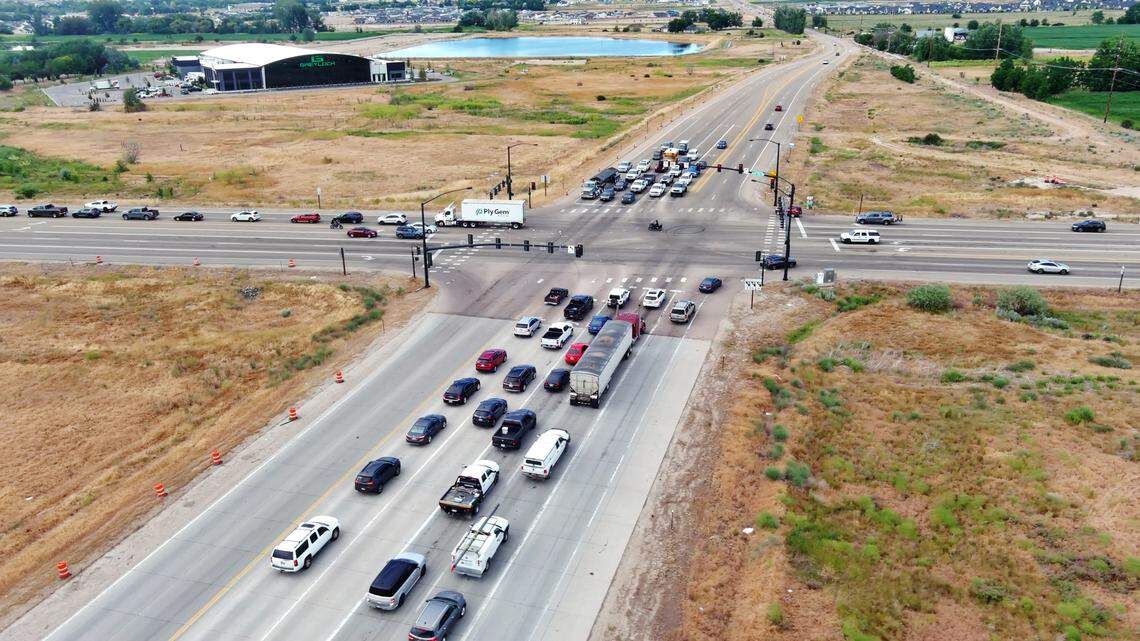 Looking north, cars are forced to merge down to two lanes, then one, as they cross State Street and continue on Idaho 16. ITD seeks to widen Idaho 16 from the intersection north to Emmett.