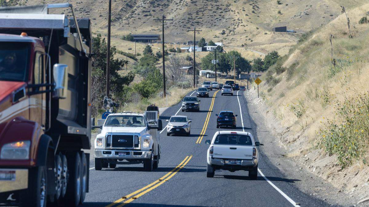 Traffic travels north of Horseshoe Bend along Idaho 55.