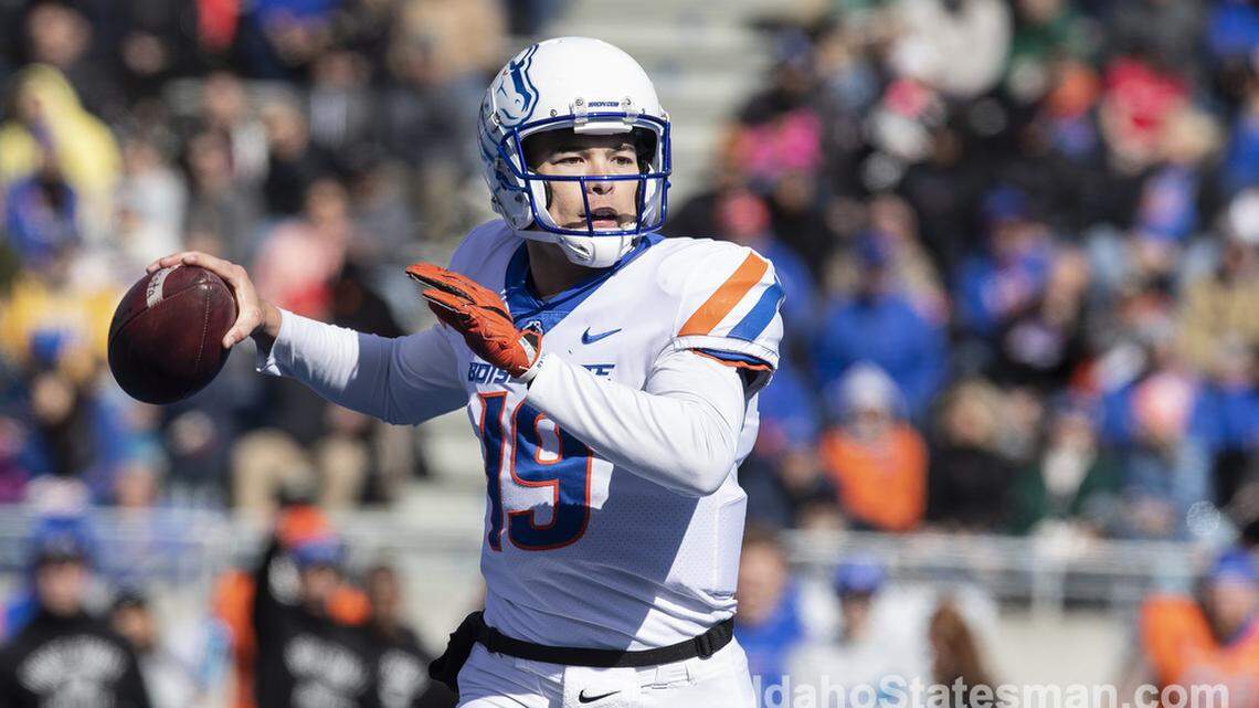 Boise State quarterback Hank Bachmeier delivers a pass during the Broncos’ spring game in April.