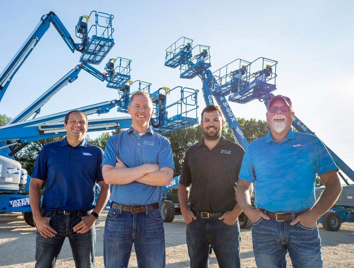 Employees at Tates Rents will own the Boise-based business, thanks to the family owners’ decision to sell it to them through an employee stock ownership plan. From left, sales and dispatch employees Sam Castillo, Joe Plehal, Garrett Rose and Roger Nelson, in front of aerial lifts for rent, in July 2019.
