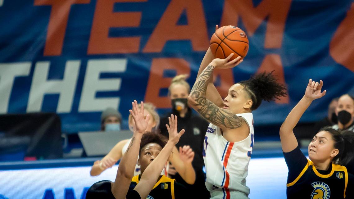 Boise State guard Jade Loville pulls up on a jump shot for two points against San Jose State on Dec. 31 at ExtraMile Arena in Boise.