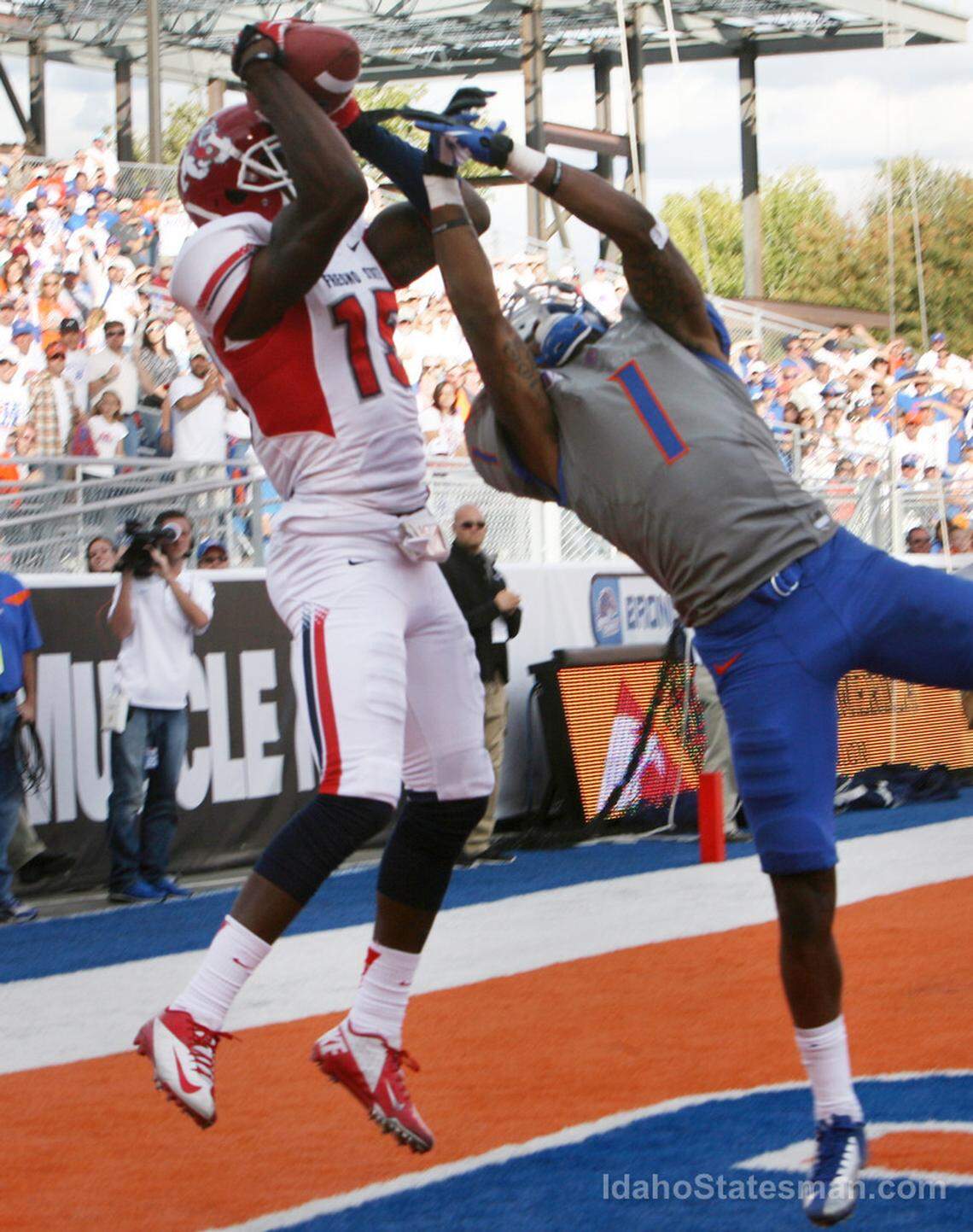 Wide receiver Davante Adams brings down at touchdown, in spite of Boise State’s Bryan Douglas. Boise State won 20-10 on Saturday, Oct. 13, 2012, at Bronco Stadium in Boise, Idaho.