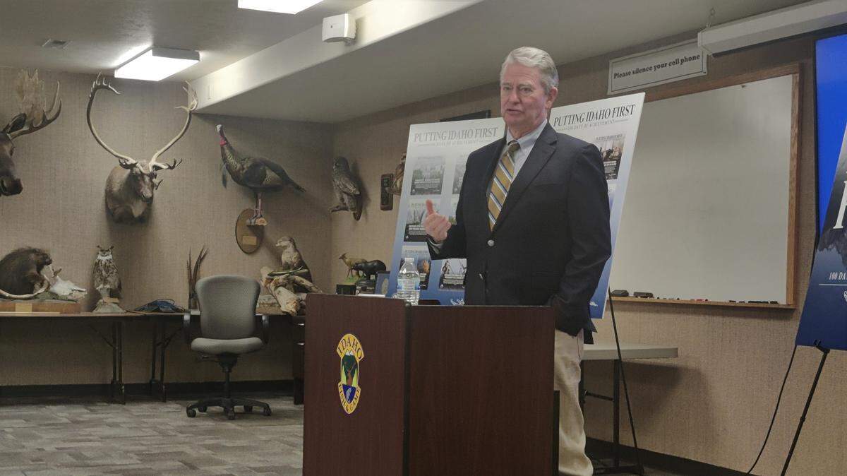 Gov. Brad Little gives a recap of the 2023 legislative session at the Upper Snake Regional Office of Idaho Fish and Game in Idaho Falls.