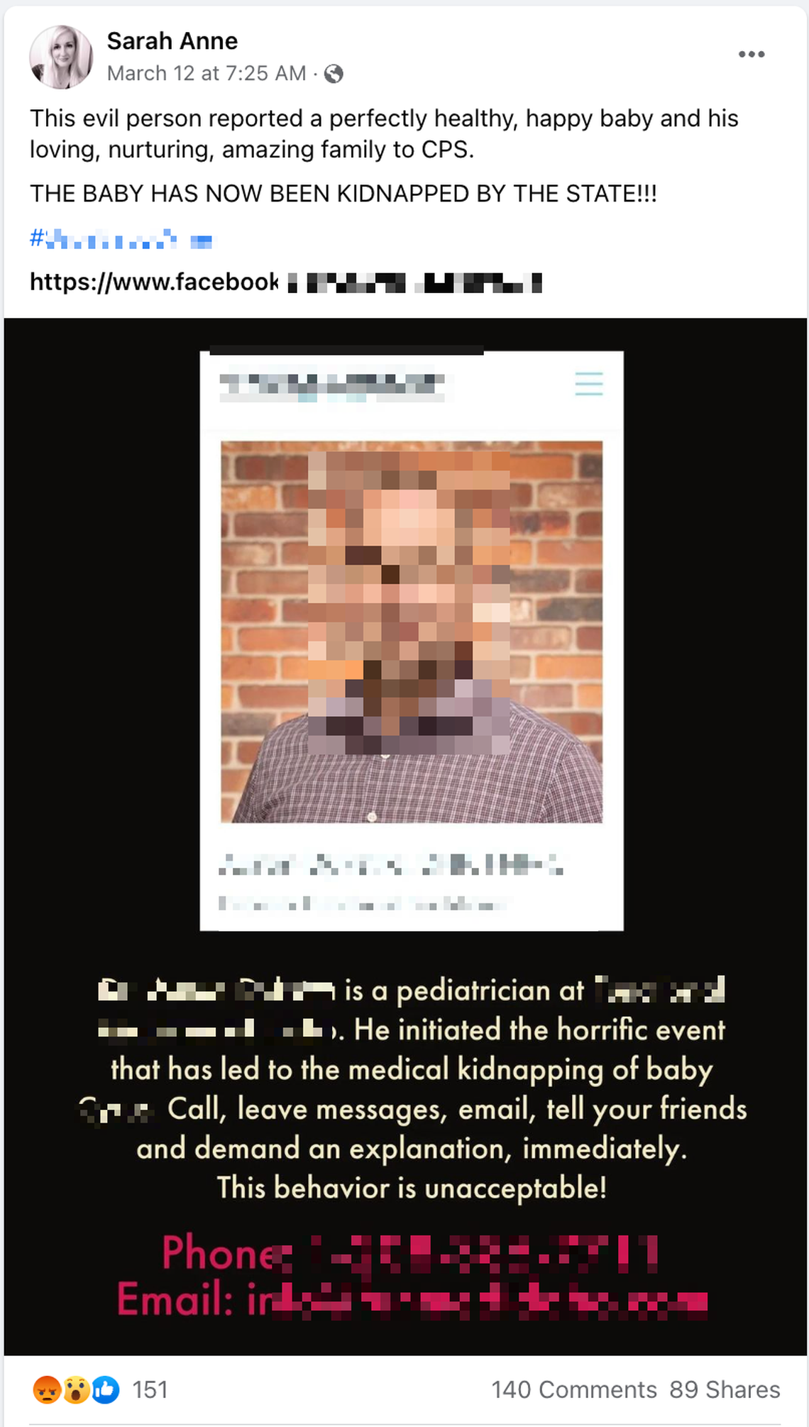 Activists created fliers releasing the personal information of people they said were involved in a child custody case last month. The flyer has been edited to obscure personal information.