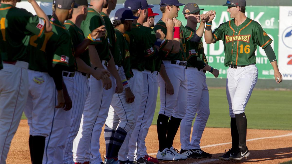 Boise Hawks first baseman Michael Toglia joins teammates and other Northwest League all-stars after being announced at the start of the Northwest-Pioneer League All-Star Game at Memorial Stadium in Boise.