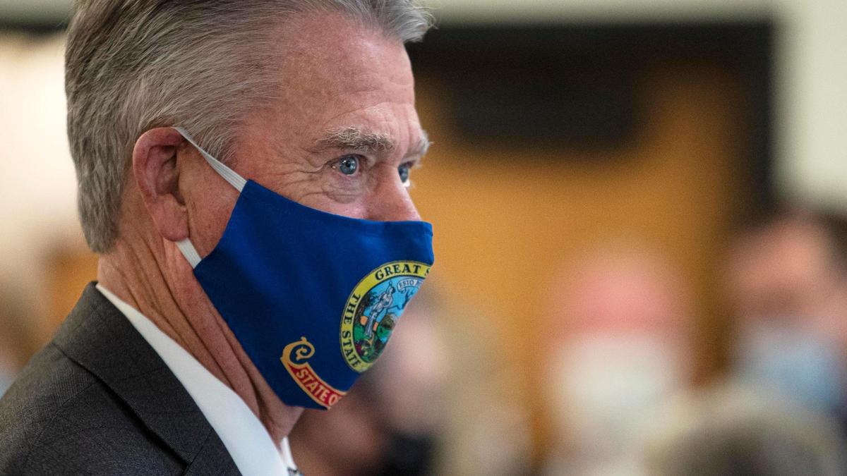 Gov. Brad Little sports an Idaho Flag protective mask Friday, Sept. 18, 2020 in Boise.