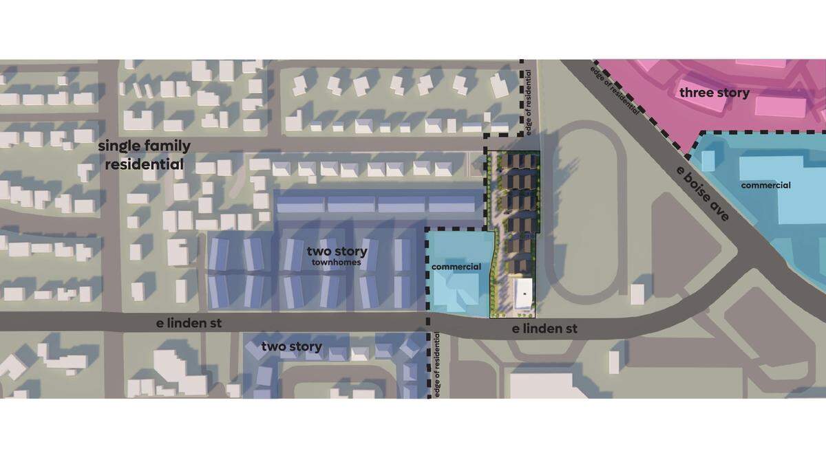 The D3V Black development is shown in the center of this preliminary site plan, which also shows other types of buildings in the area. These include commercial buildings in light blue, two-story town houses in dark blue and single family homes in gray adjacent to the site. In the right corner, there are three story buildings in pink and commercial in light blue.