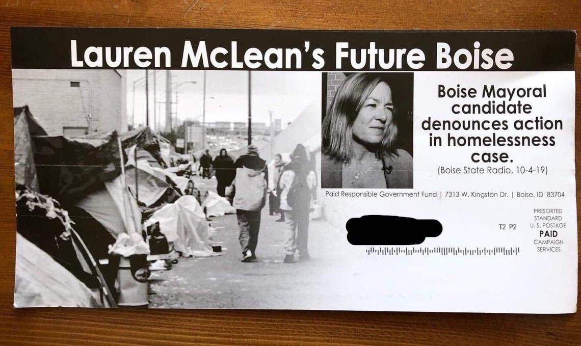 The mailer has a picture of Cooper Court, a homeless encampment that was cleared in 2015, with a caption saying that it is McLean’s “future Boise.” The mailer was funded by the Responsible Government Fund, which is paid for by two Boise developers.