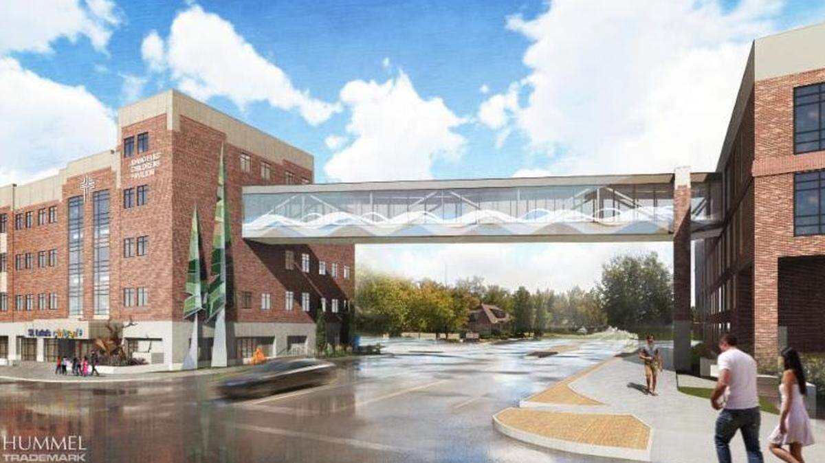 A 123-foot skybridge over Avenue B will connect the new four-story Idaho Elks Children’s Pavilion at left to the existing Children’s Hospital.