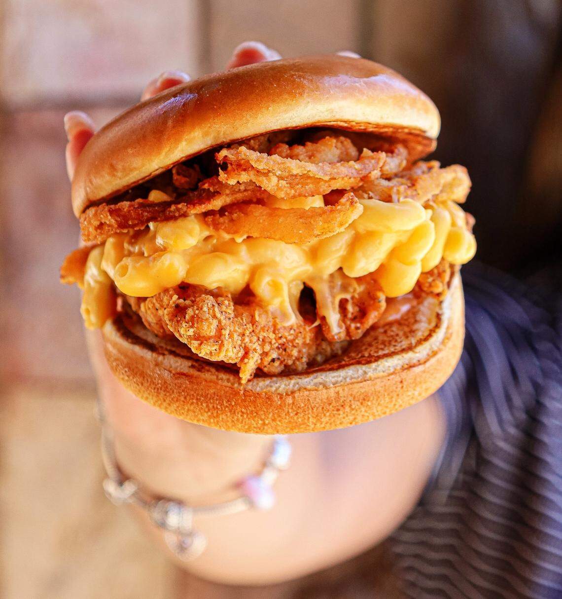 Mac ‘n’ cheese on a chicken sandwich. Yeah, Big Chicken does that.