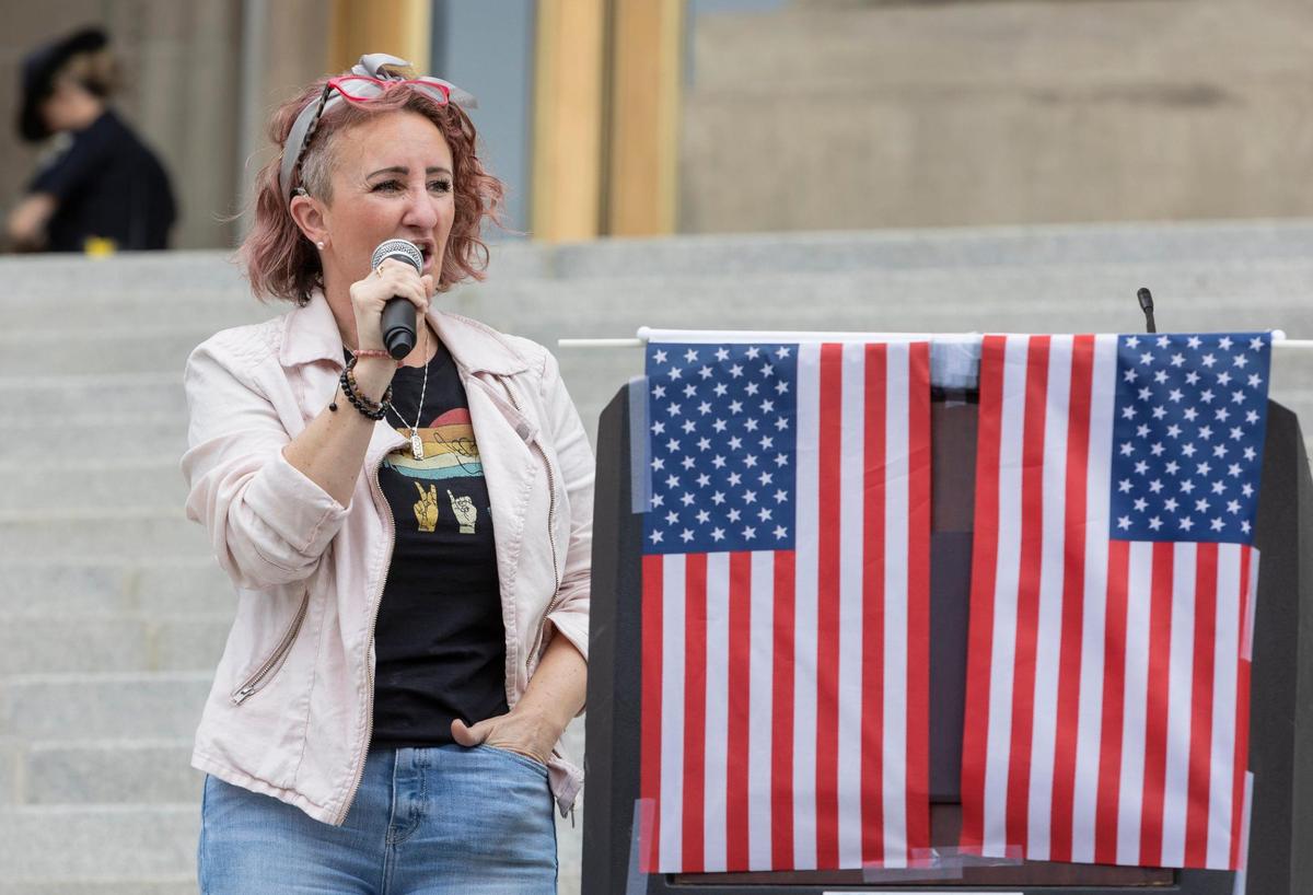 Tara Marie, a survivor of the mass shooting at the Route 91 Harvest music festival in Las Vegas, speaks at a March For Our Lives event against gun violence at the Idaho Capitol in Boise on Saturday.