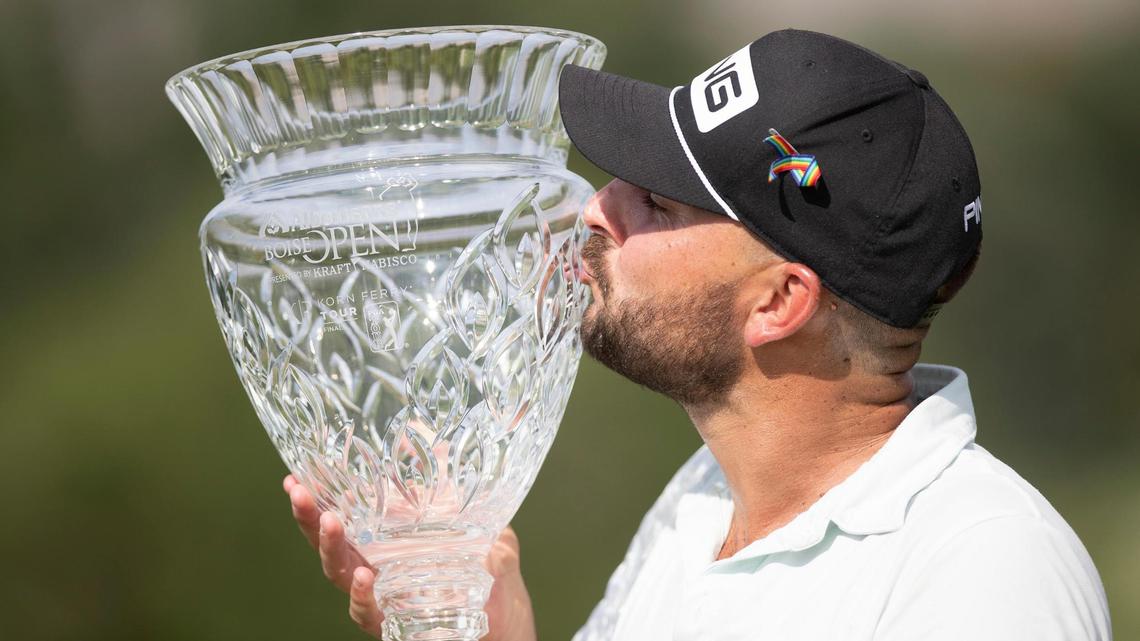 Stephan Jaeger holds the trophy after winning the Alberstons Boise Open on Sunday at Hillcrest Country Club. Jaeger finished at 22-under to win by two shots.