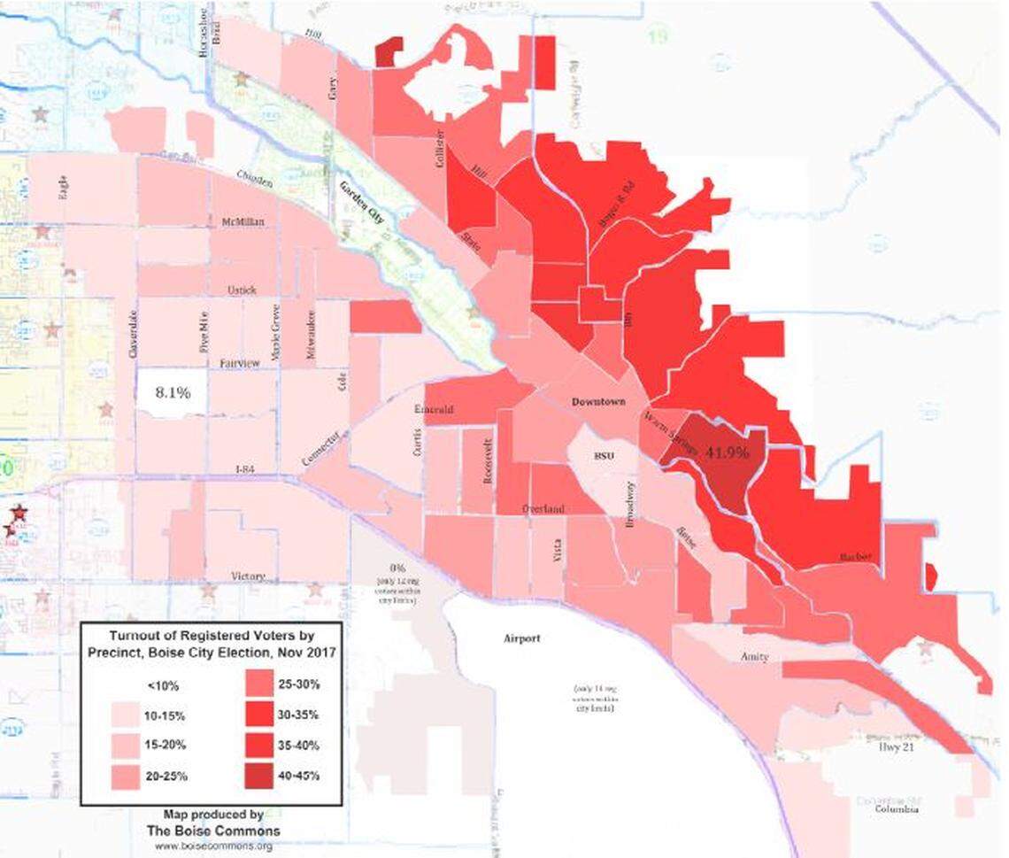 This map by the Boise Commons, a small, nonprofit public-interest group led by Boise resident Matthew Shapiro, shows that turnout ranged from 8.1% to 40.9% in Boise precincts in the November 2017 Boise City Council and open-space levy elections. The highest turnout was in the North and East ends. 