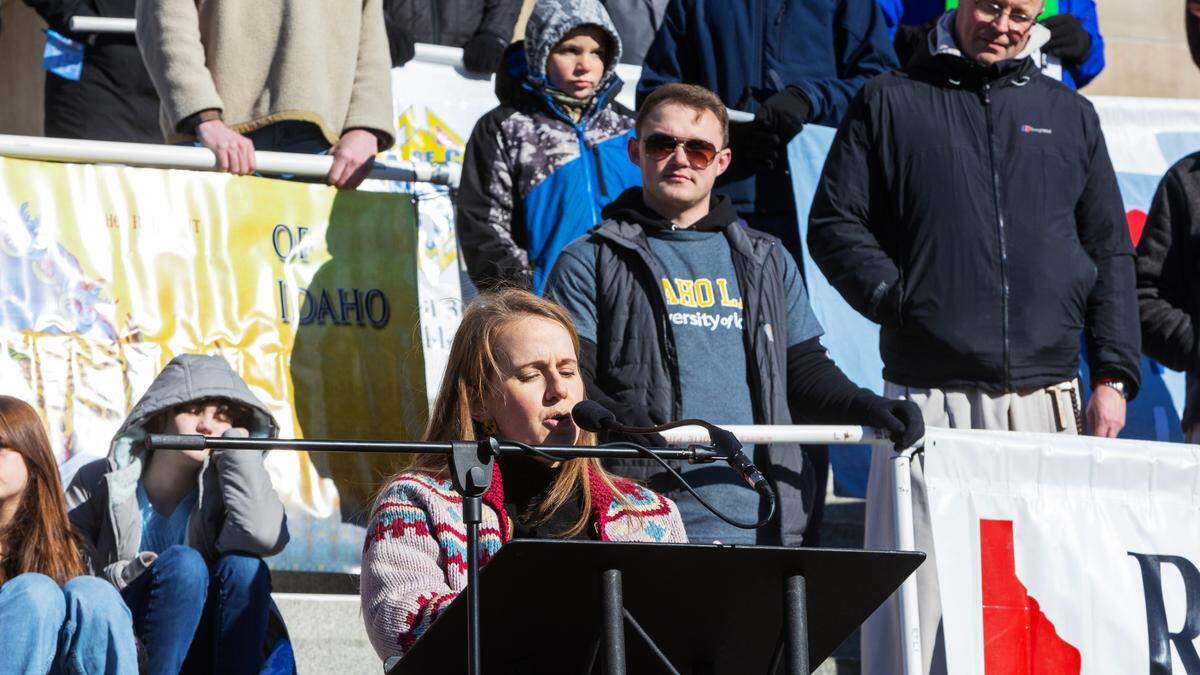 Megan Wold, a former law clerk for Justice Samuel Alito, speaks at the Boise March for Life rally at the Idaho Capitol on Saturday, Jan. 21, 2023.