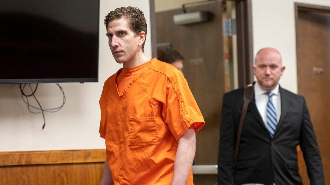 Bryan Kohberger, left, attends his arraignment on murder charges in Latah County District Court in May 2023, followed by public defender Jay Logsdon. Kohberger is accused in the stabbing deaths of four University of Idaho students in November 2022.