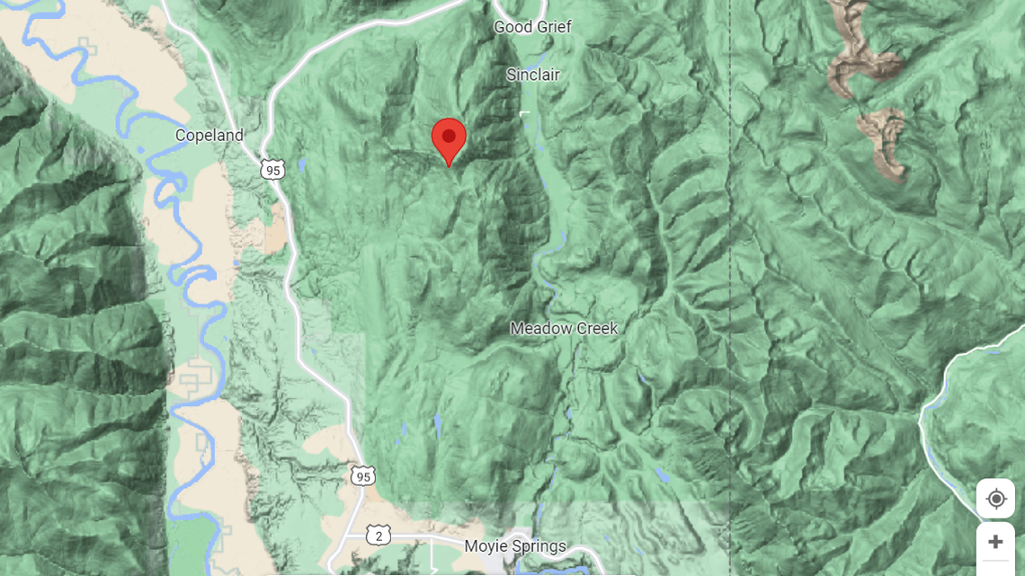A 54-year-old missing camper was spotted by a hiker and said he was walking toward Bussard Mountain in Idaho to reach higher ground, rescuers said. Then a helicopter spotted him in this area and was able to rescue the man.