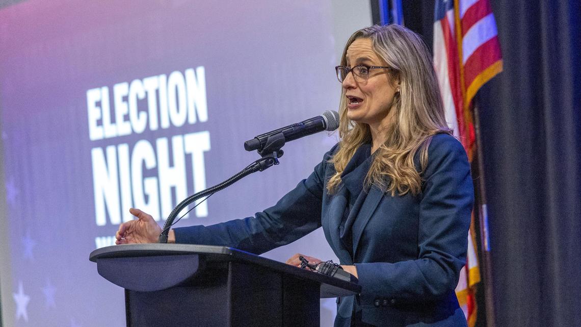 Idaho Democratic Party Chair Lauren Necochea gives a pep talk as the action begins at the Democratic election night party at The Grove Hotel in Boise.