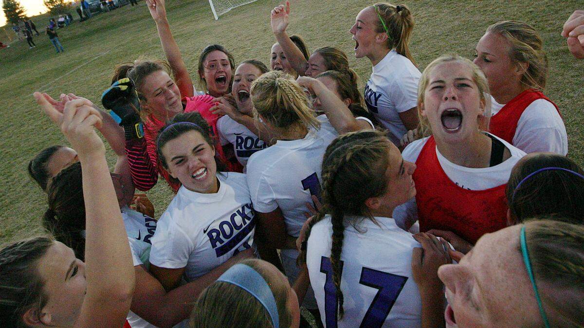 Rocky Mountain celebrates its come-from-behind win in last year’s state championship game in Idaho Falls.