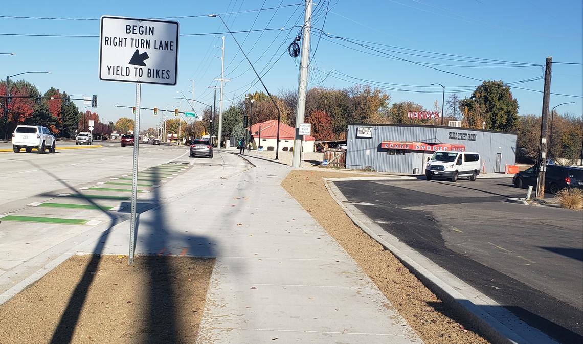 A road improvement project along State Street moved the southern end of Collister Drive from in front of Terry’s State Street Saloon, the gray building at right, 240 feet farther east. The old road now serves as an access road for Terry’s, On the Fly Gas Mart and shops at the Collister Center.