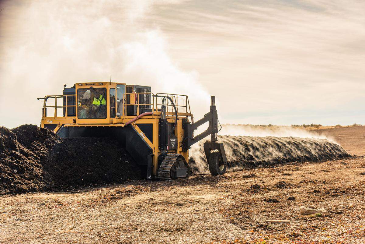 Windrow turners turn the large piles of composting material to aerate the piles to speed up the composting process.
