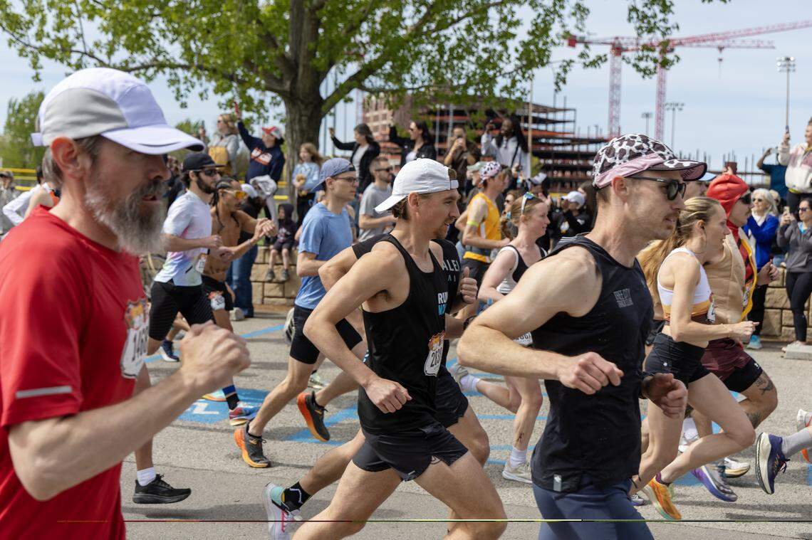 People take off from the starting line at Race to Robie Creek, an annual half-marathon that starts in Boise and ends at Robie Creek.