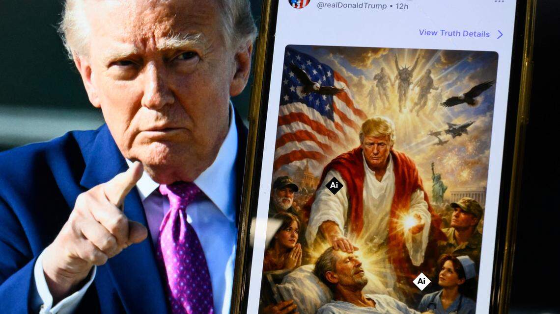 This photo illustration created on April 13, 2026 shows a picture of US President Donald Trump on a screen and an AI-generated picture he posted on his Truth Social platform depicting himself as Jesus Christ after criticizing Pope Leo XIV. Trump later posted an AI-generated image seemingly depicting himself as Jesus Christ. In the image, the president appears dressed in red and white robes as he cures a man with his healing hand. The American flag is shown over his shoulder. Trump and the White House have previously shared AI-generated images, including one that showed the president dressed as the pope. (Photo by Mandel NGAN / AFP via Getty Images) 