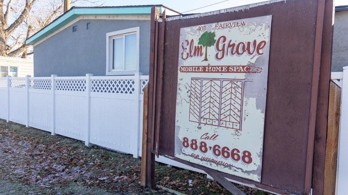 A sign at the entrance of Elm Grove Mobile Home Park. The park is listed as “permanently closed” online and is no longer taking new tenants.