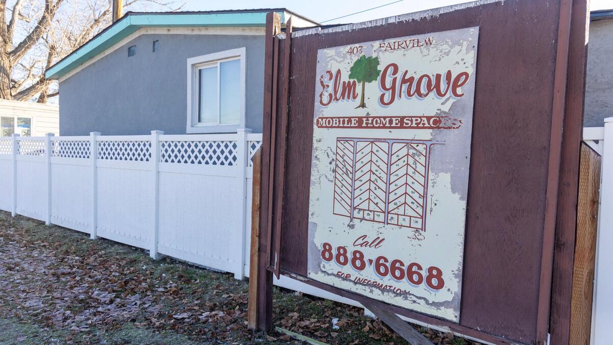 A sign at the entrance of Elm Grove Mobile Home Park. The park is listed as “permanently closed” online and is no longer taking new tenants.