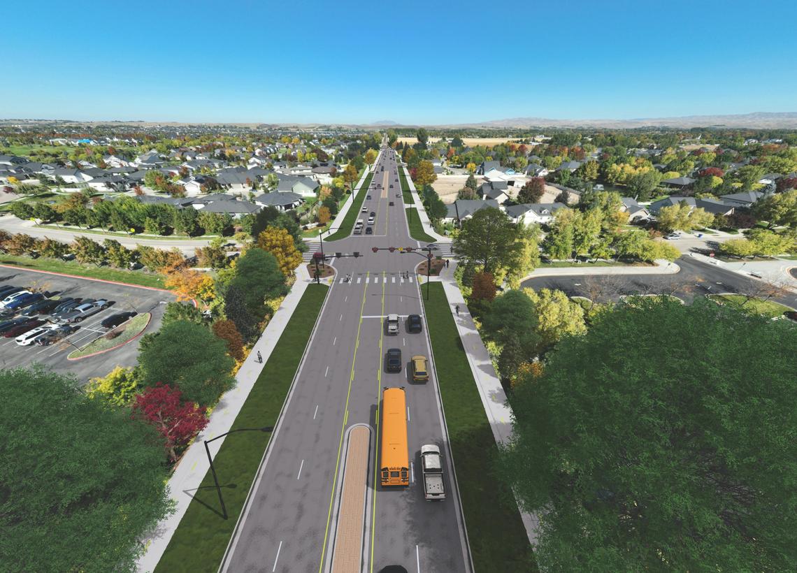 A rendering shows what Linder Road could look like after ACHD widens it to two lanes in each direction, plus a center turn lane.